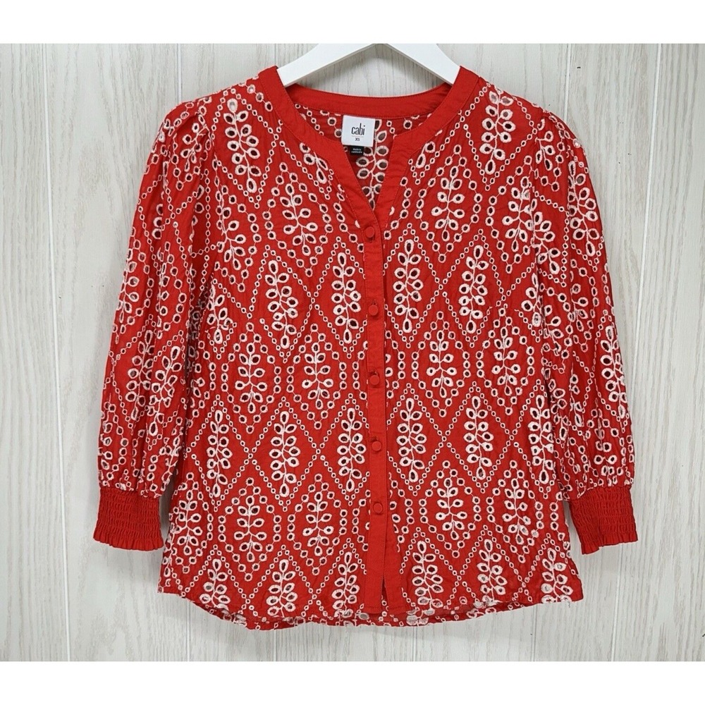 Cabi  Blouse‎ Womens XS Red Lyric Eyelet Lace Button Up V Neck 3/4 Sleeve #6203